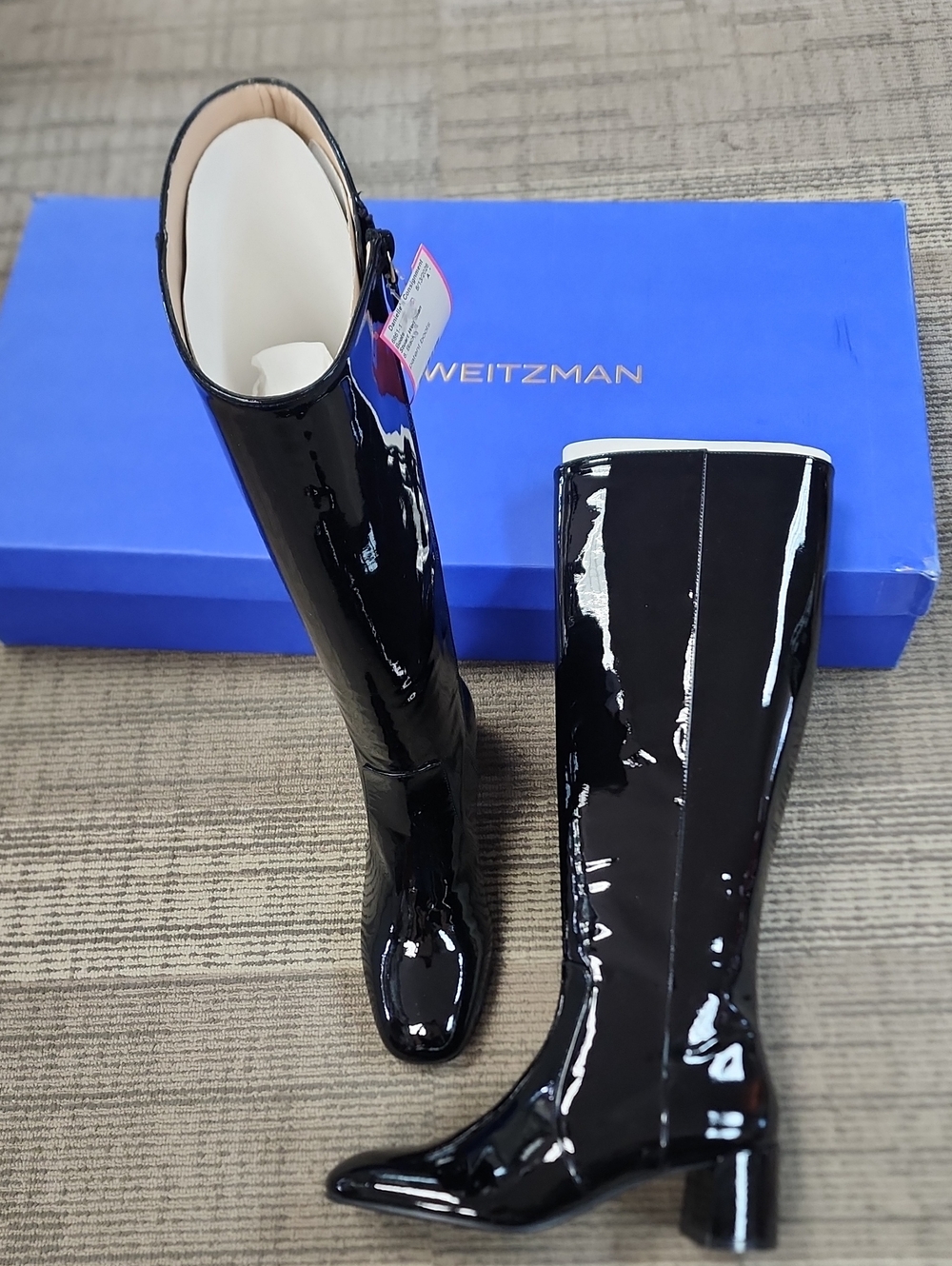 Stuart Weitzman Black Patent Knee Boots with Low Block Heel MAEVE